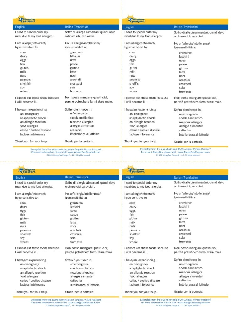 Allergy free Italy with Italian language dining cards for food