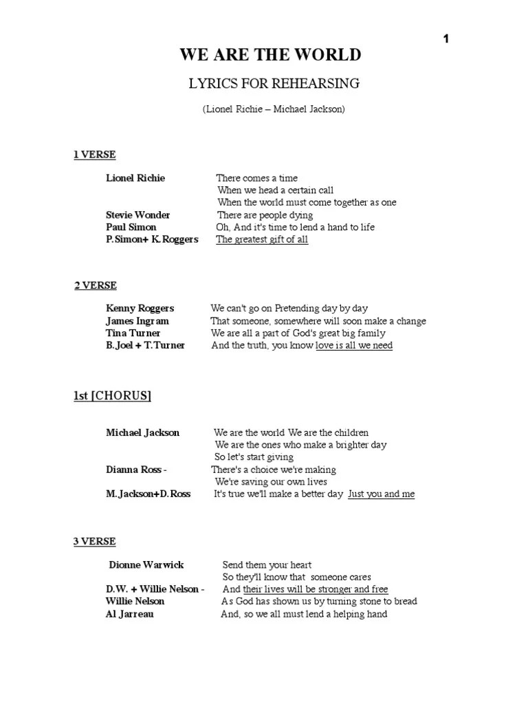 We Are the World Lyrics including artists' lines Music