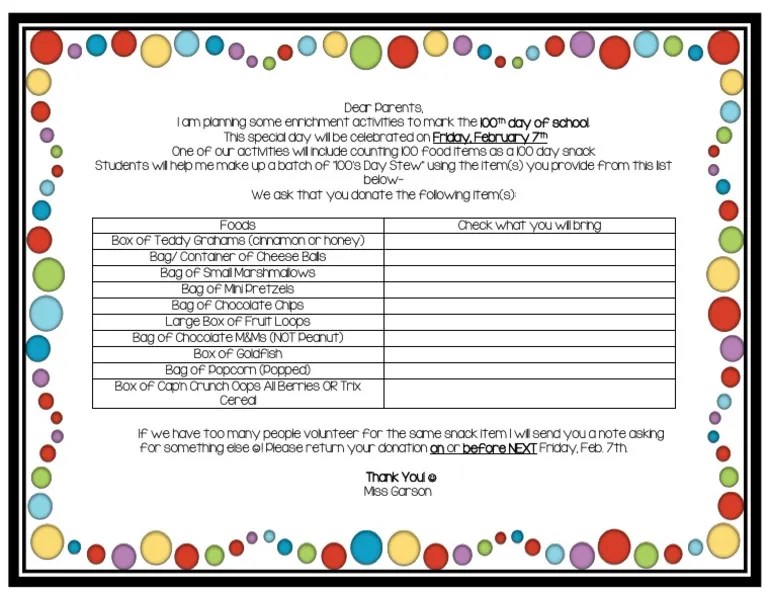 100 Day Snack Letter
