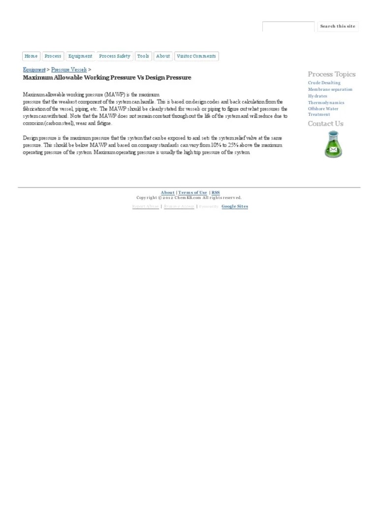 Maximum Allowable Working Pressure Vs Design Pressure ChemKB PDF