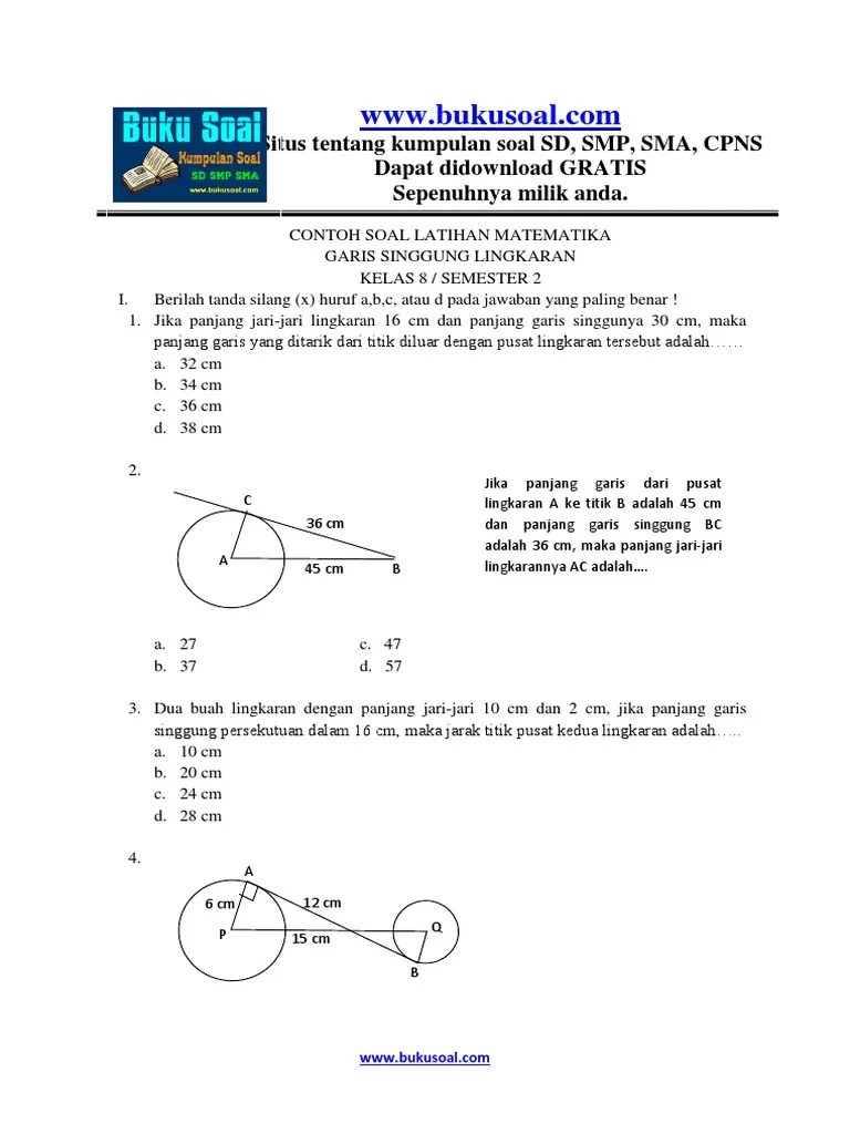 Contoh Soal Latihan Matematika Garis Singgung Lingkaran Kelas 8 SMP | PDF