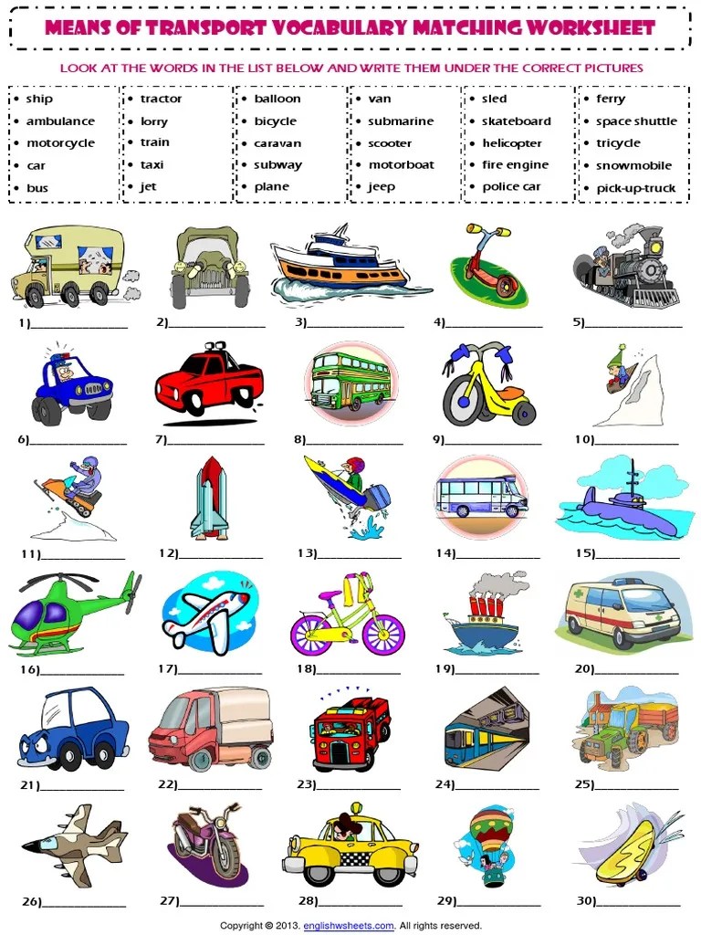 Means of Transport Vocabulary Matching Exercise Worksheet