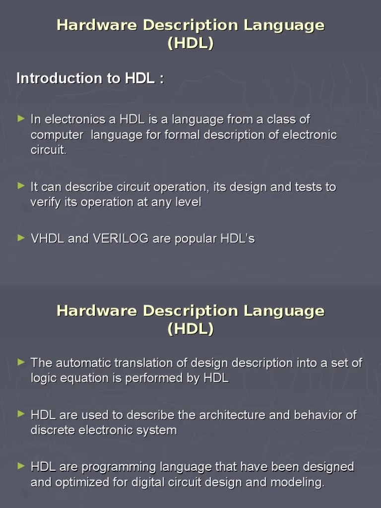 Hardware Description Language (HDL) Introduction to HDL Hardware