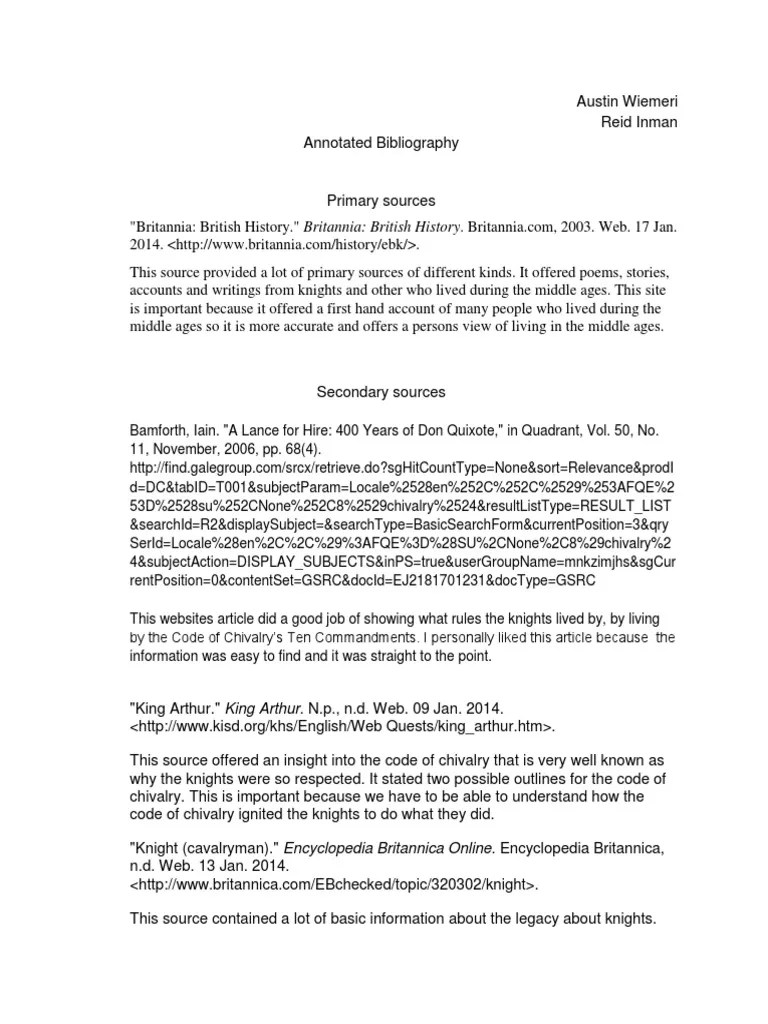 History Day Annotated Bibliography Knight Chivalry