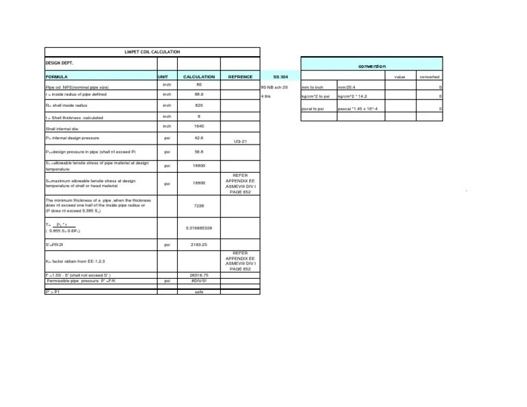 Limpet Coil Calculation PDF Pipe (Fluid Conveyance) Physical