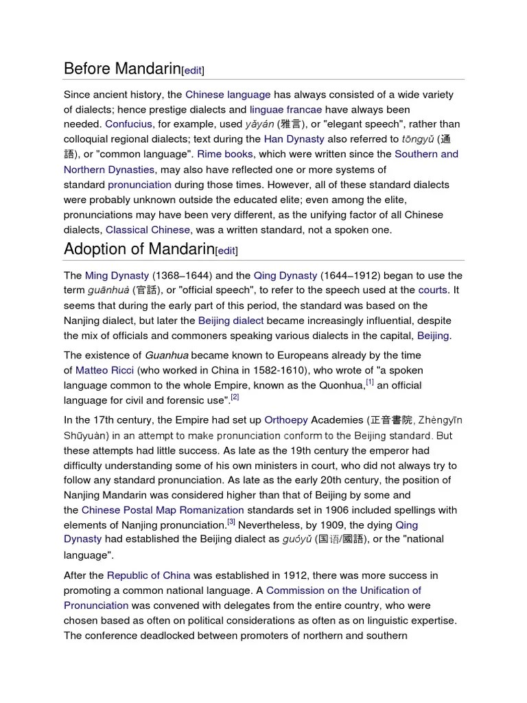 History of Mandarin Language PDF Standard Chinese Mandarin Chinese