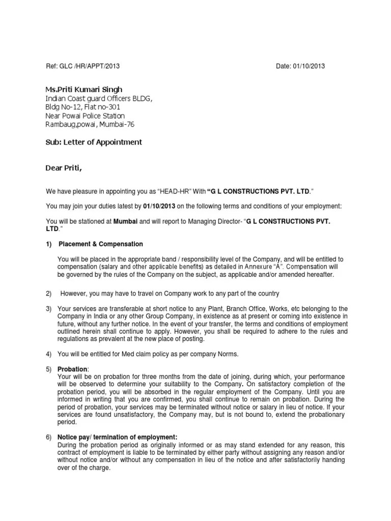 Appointment Letter Format Employment Salary