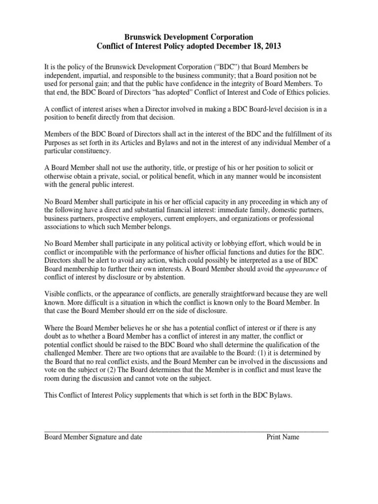 BDC Conflict of Interest Policy 121813 Final Conflict Of Interest