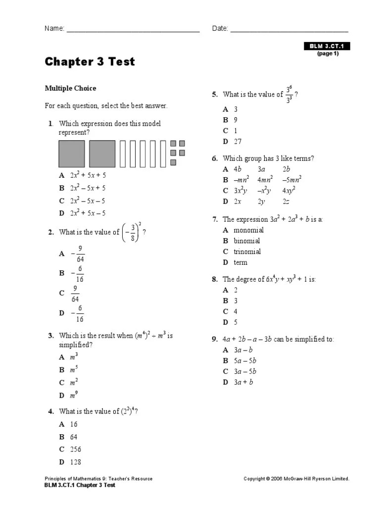 Chapter 3 Test: For Each Question, Select The Best Answer. 3 3 ? | PDF