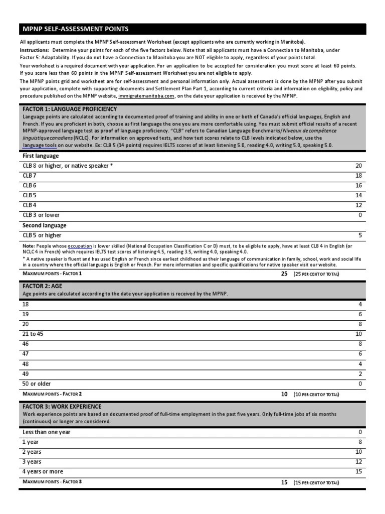 Manitoba Immigration MPNP Points Worksheet Interactive PDF