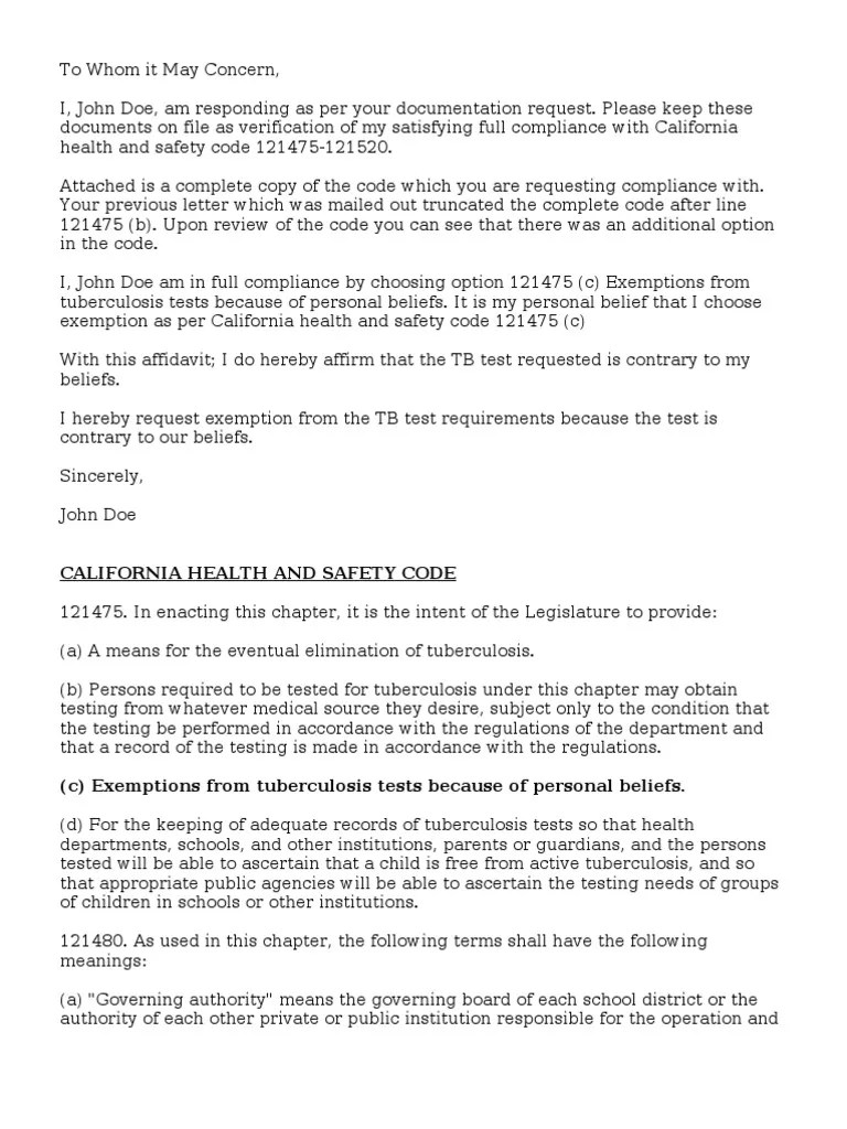 TB Test Exemption California PDF Tuberculosis Regulatory Compliance