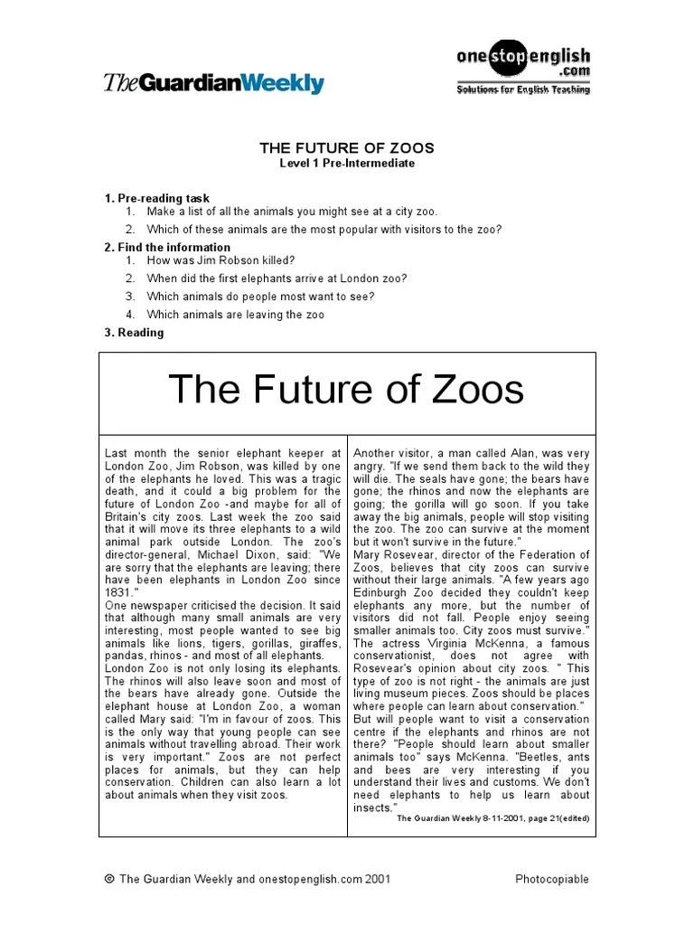 The Future of Zoos Pre Intermediate PDF PDF Zoo Elephant