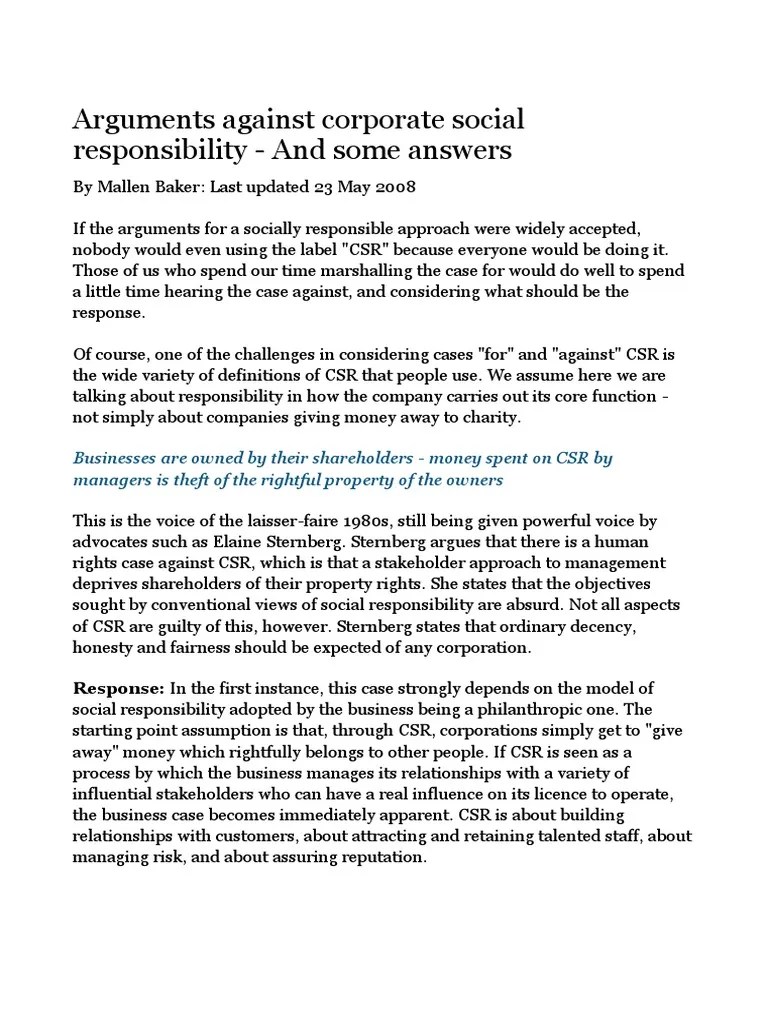 Arguments Against Corporate Social Responsibility