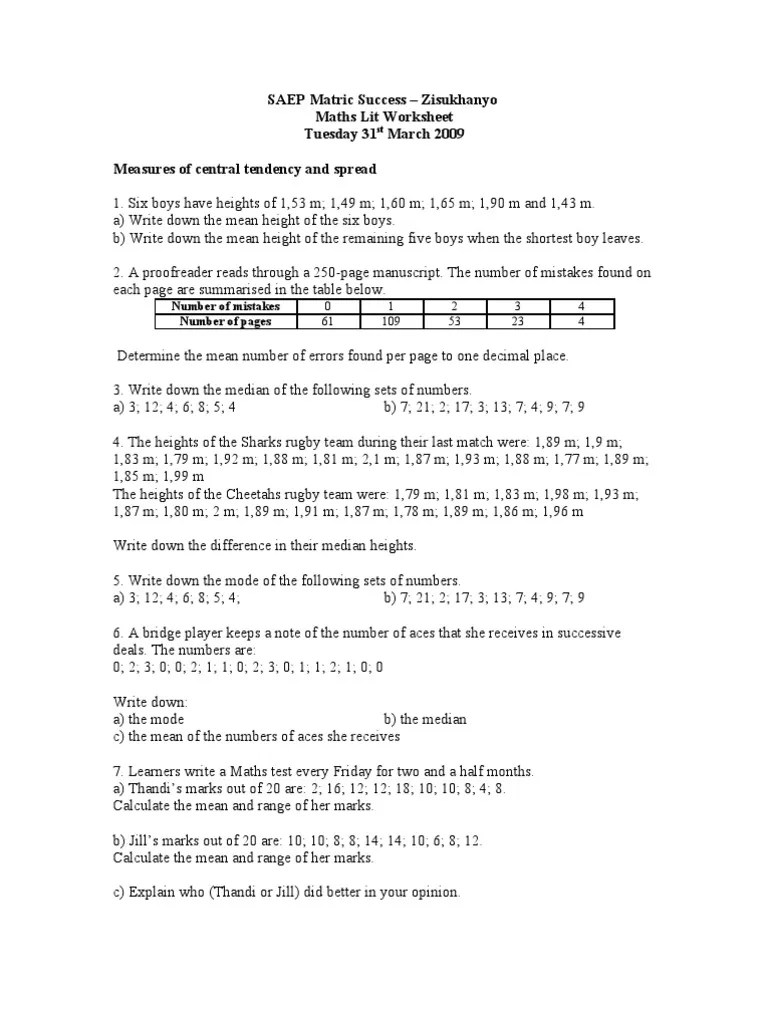 Maths Lit Worksheet Measures of Central Tendency and Spread