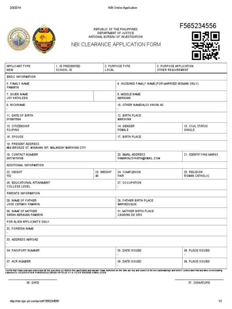 NBI Application Form PDF Government Information Social Institutions