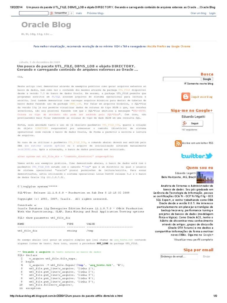 Um Pouco Do Pacote UTL FILE, DBMS LOB e Objeto DIRECTORY. Gerando e