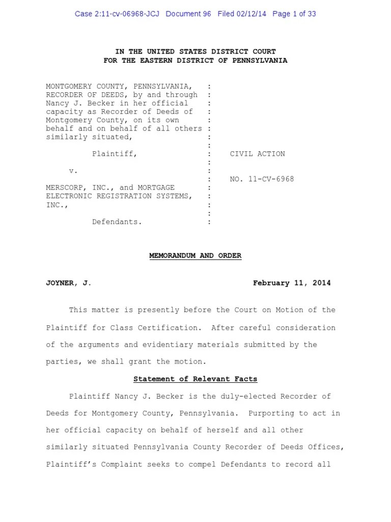 Document 96 and 97 Montgomery County, Pennsylvania, Recorder of Deeds v