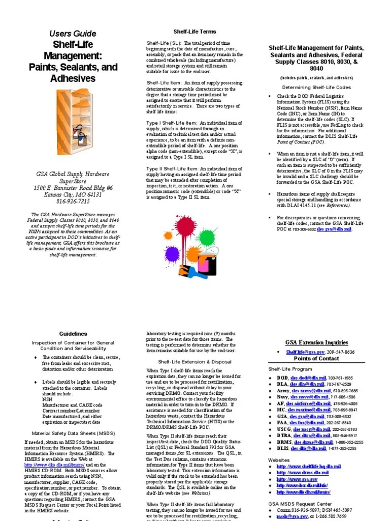 ShelfLife Management Paints, Sealants, and Adhesives Users Guide PDF Shelf Life Materials