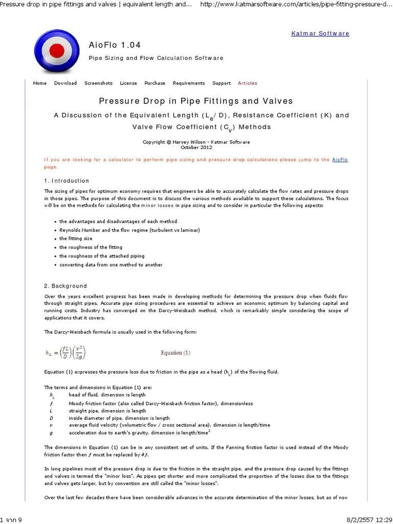 Pressure Drop in Pipe Fittings and Valves Equivalent Length and