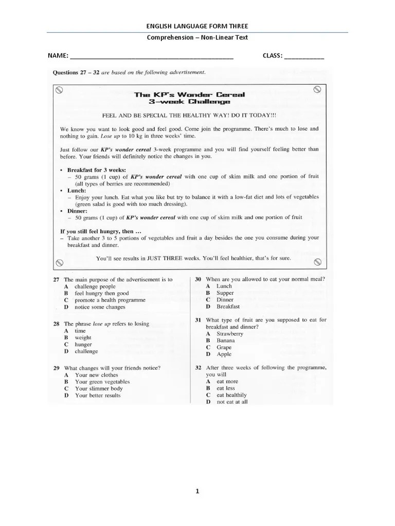 English Language Form 3 Comprehension