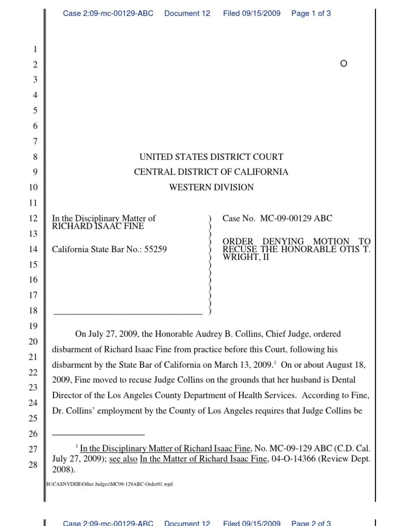 USDC Disbarment Dkt 12 Order Denying Recusal of Judge Otis Wright