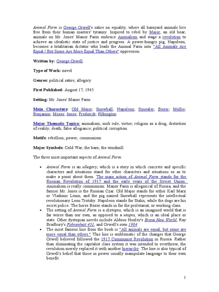 Animal Farm Summary PDF Dystopia Orwell