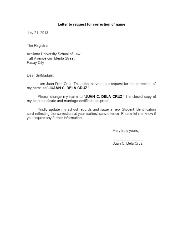 Letter Request For Correction of Name PDF