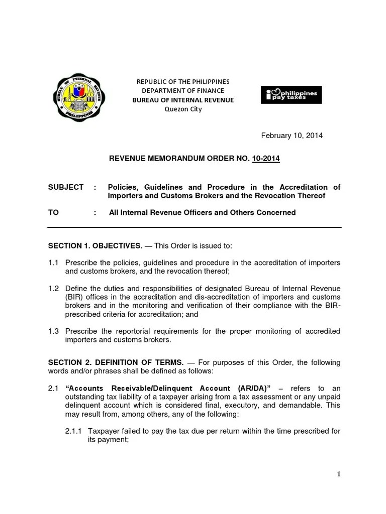 BIR Revenue Memorandum Order 102014 Tax Return (United States