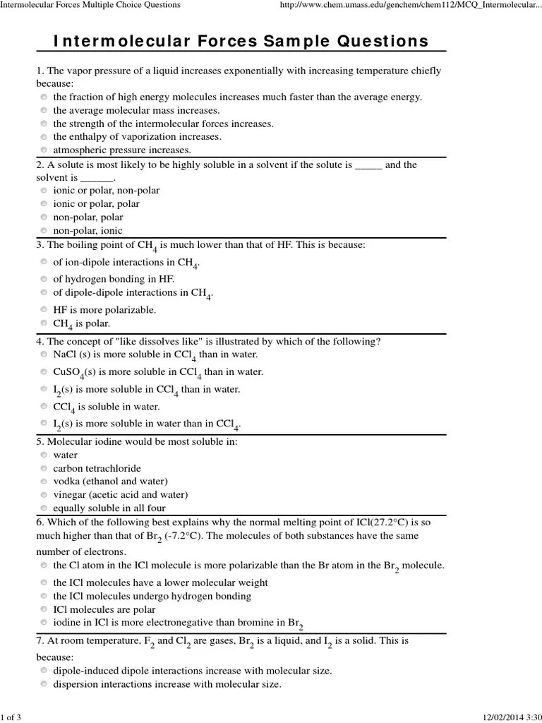 FARFIS Intermolecular Forces Multiple Choice Questions Intermolecular