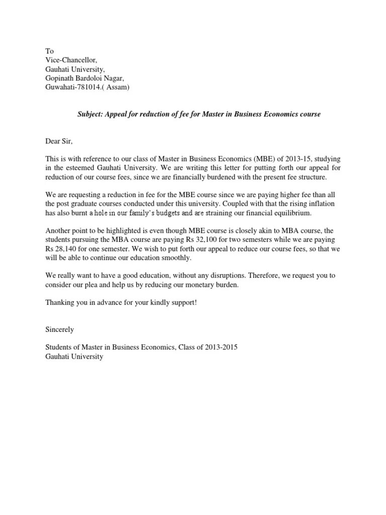 Fee reduction application Format