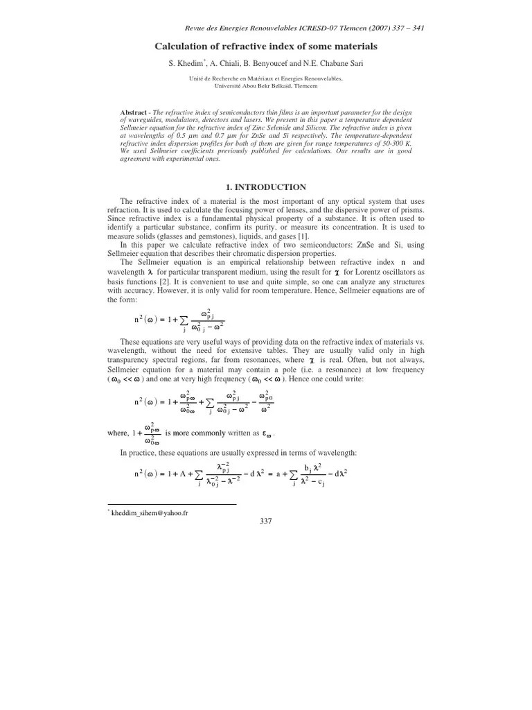 Refractive Index ZnSe Sellmeier PDF Refractive Index Dispersion
