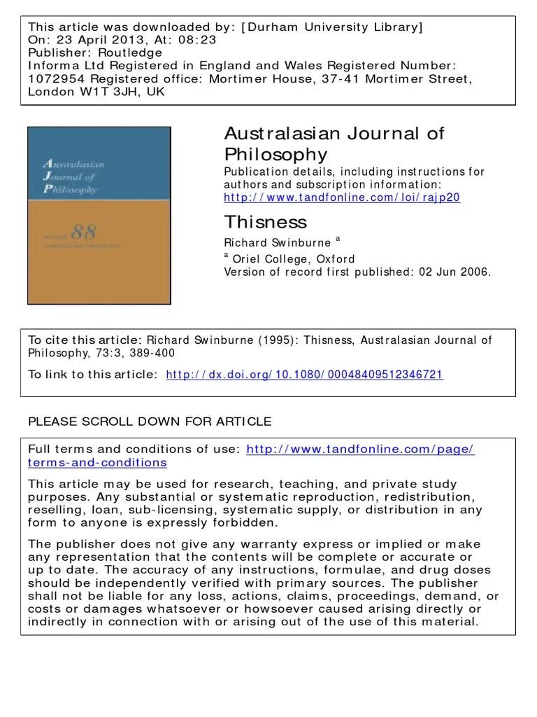 Swinburne Thisness Universe Elementary Particle