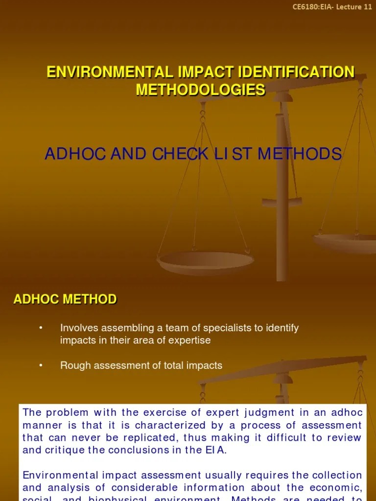 Lecture11ENVIRONMENTAL IMPACT IDENTIFICATION METHODOLOGIES PDF PDF Environmental Impact