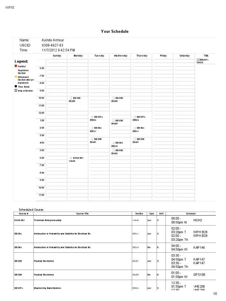 USC Course Schedule Overview PDF