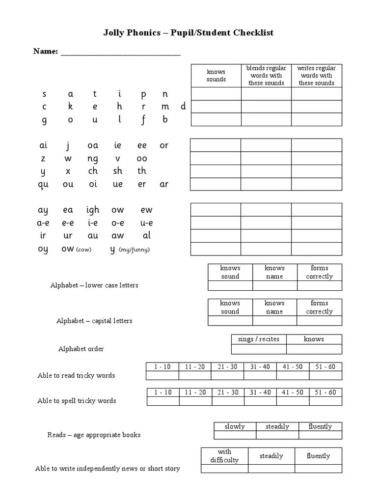 Jolly Phonics Pupil_Student Checklist