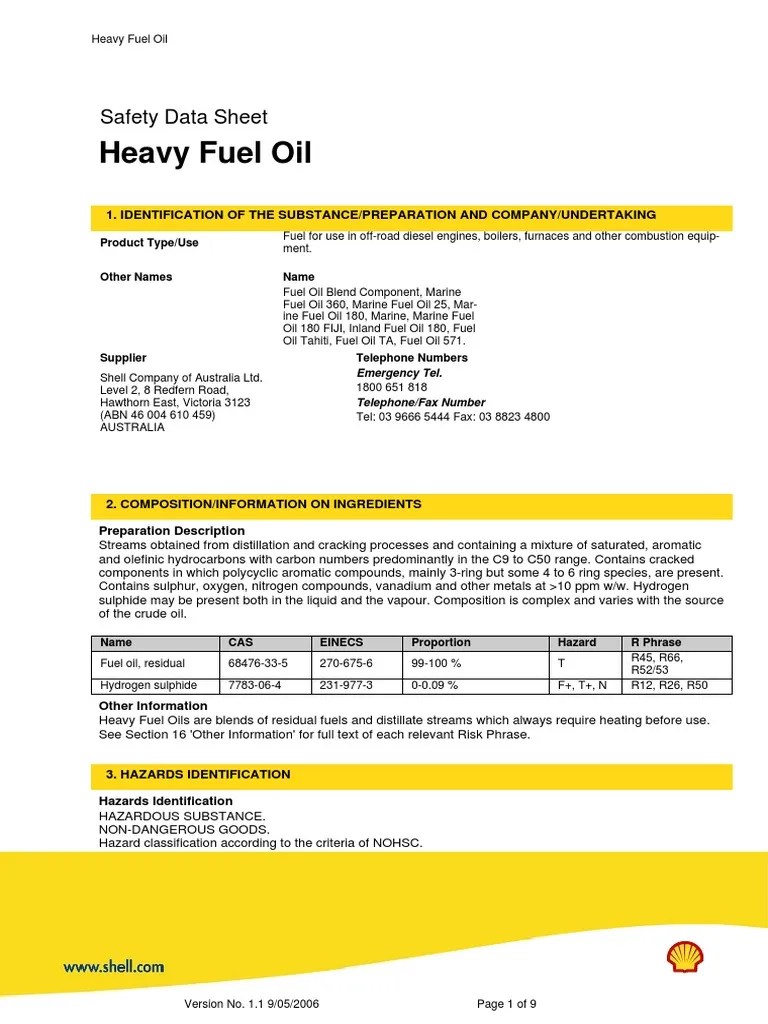 Hfo Msds Shell Dangerous Goods Fuel Oil