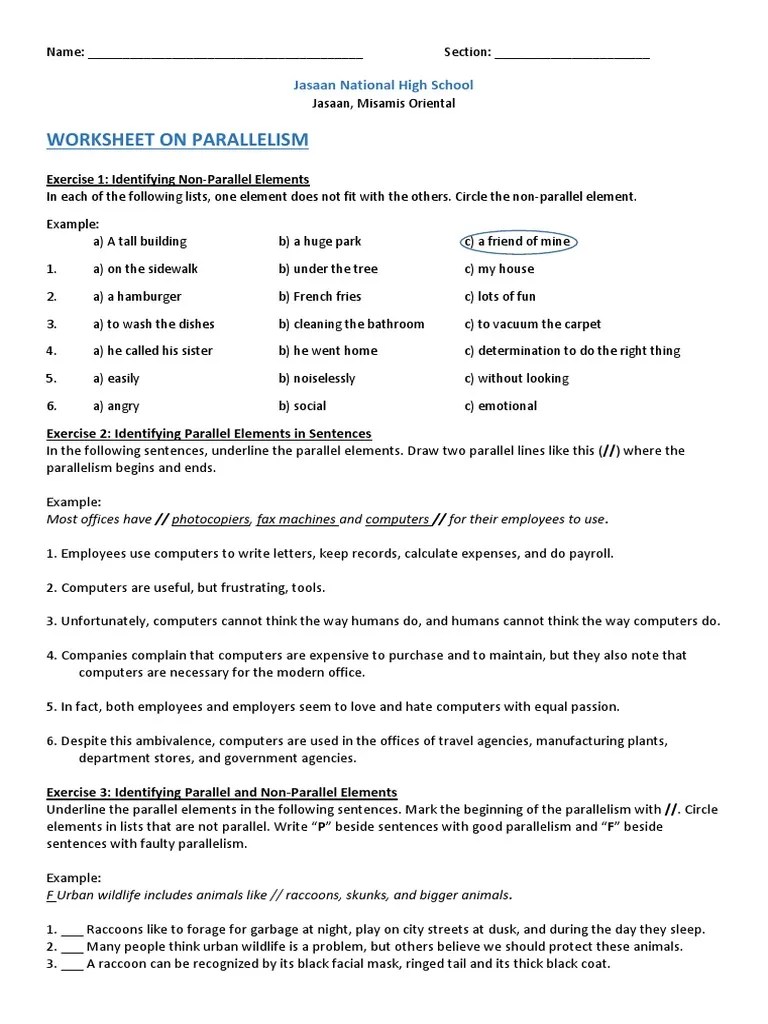 Worksheet On Parallelism PDF Raccoon