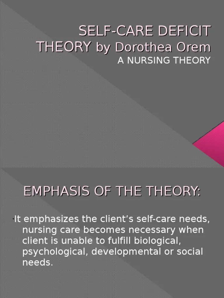 Selfcare Deficit Theory by Dorothea Orem Health Care Public Health