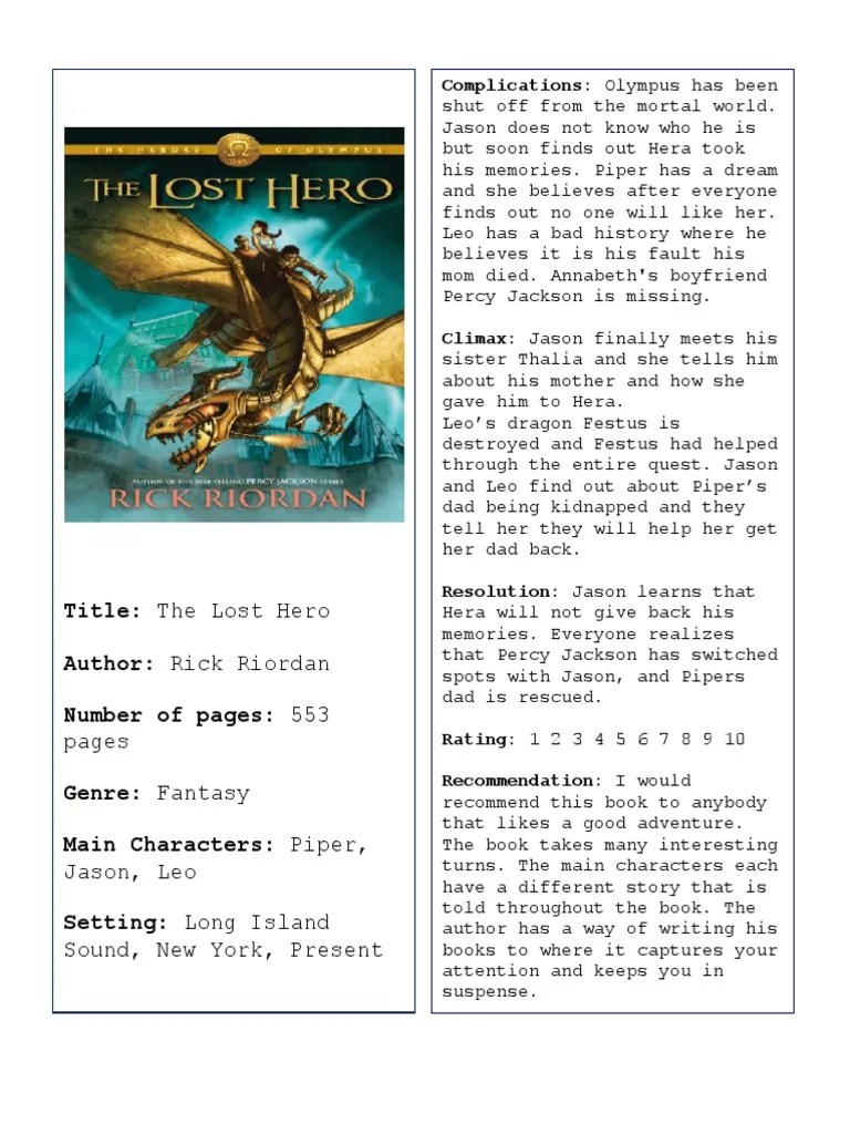 The Lost Hero Book Report PDF Leisure