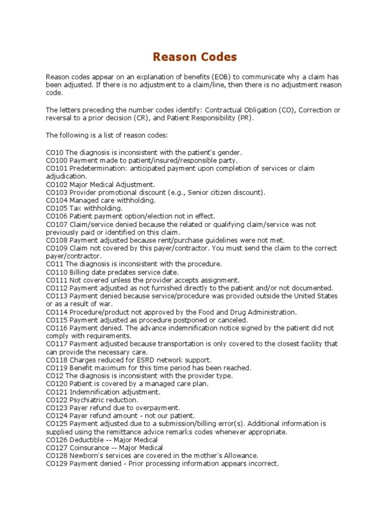 Reason Codes Health Care Public Health