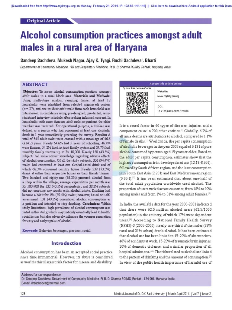 Alcohol Consumption Practices Amongst Adultmales in A Rural Area of