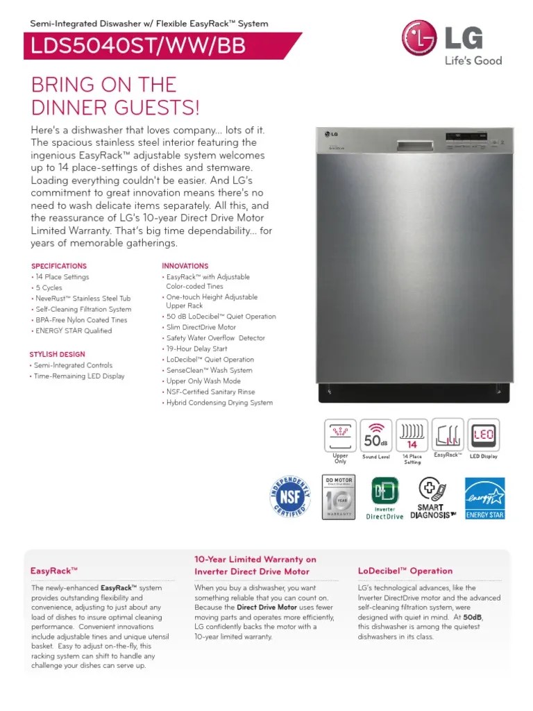 LG LDS5040 Dishwasher Spec Sheet Dishwasher Manufactured Goods