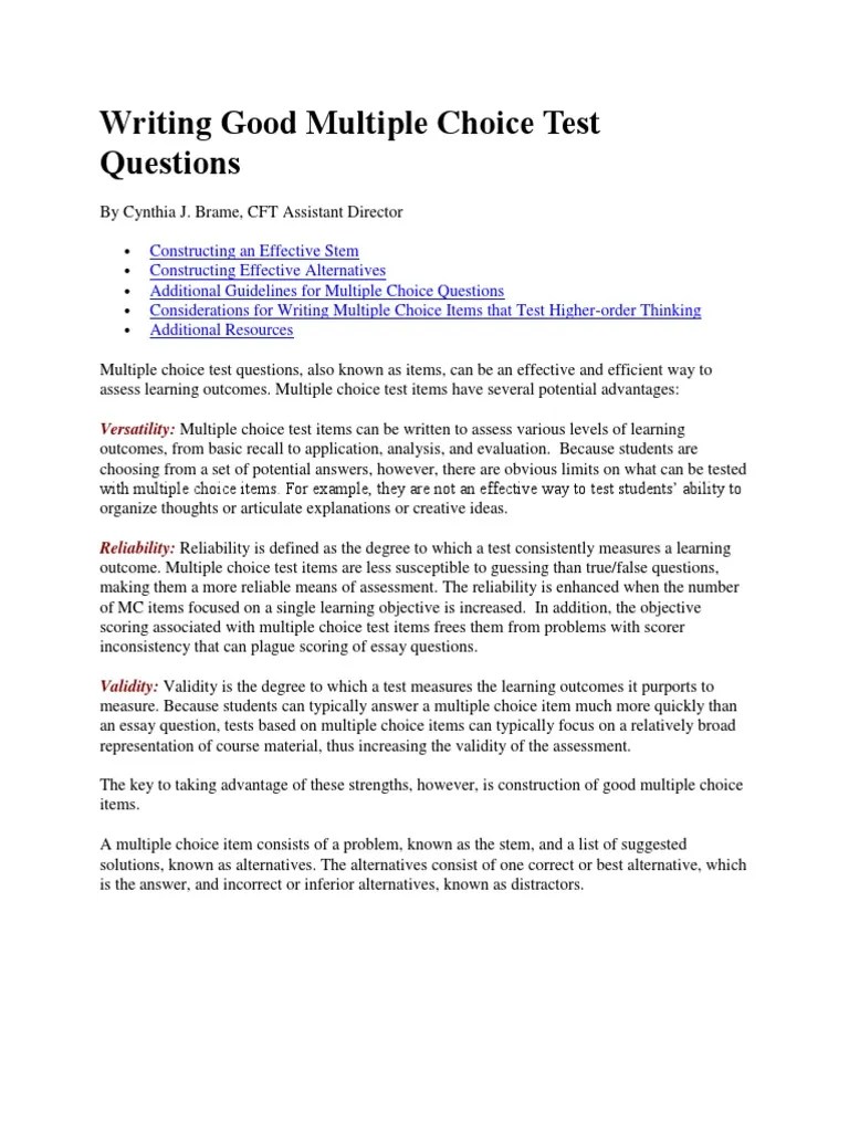 Writing Good Multiple Choice Test Questions Multiple Choice