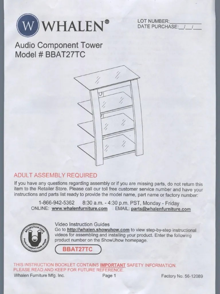 Whalen Audio Component Tower Model BBAT27TC Users Guide Assembly