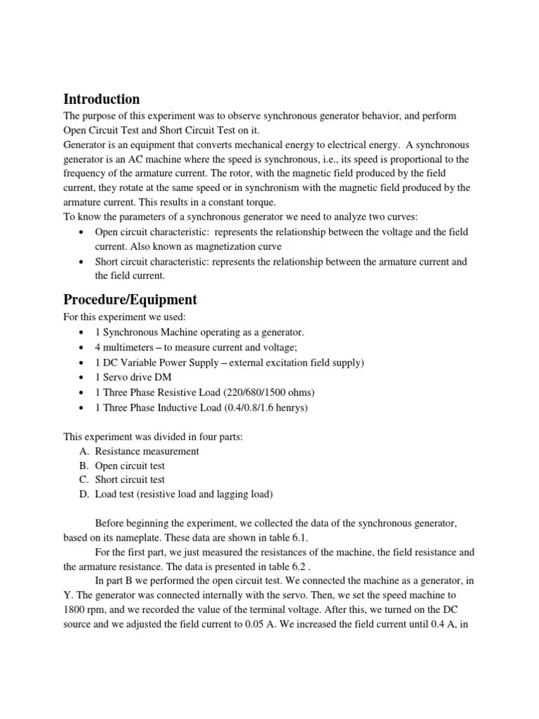 Synchronous Generator Lab Report PDF Electric Generator Inductance