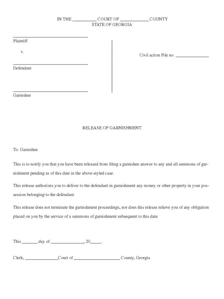 Release of Garnishment O.C.G.A. 18466