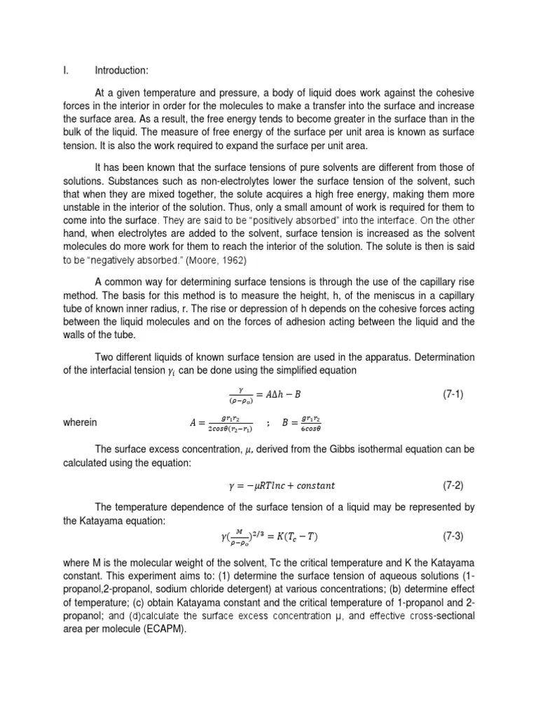 Surface Tension Lab Report PDF Surface Tension Solution