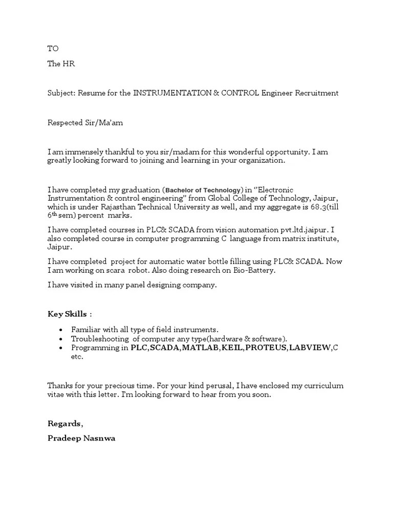 Engineering Job Application Cover Letter Sample