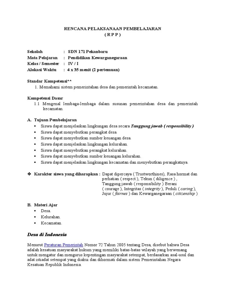 RPP PKn Berkarakter Kelas 4 SD Semester 1