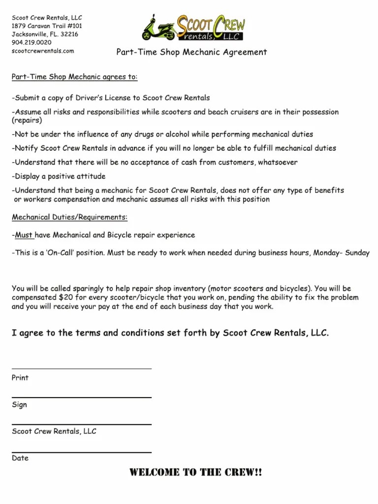 PartTime Shop Mechanic Agreement PDF